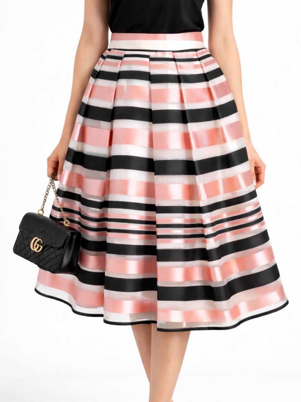 Pink Tartan Satin Stripe Full Skirt